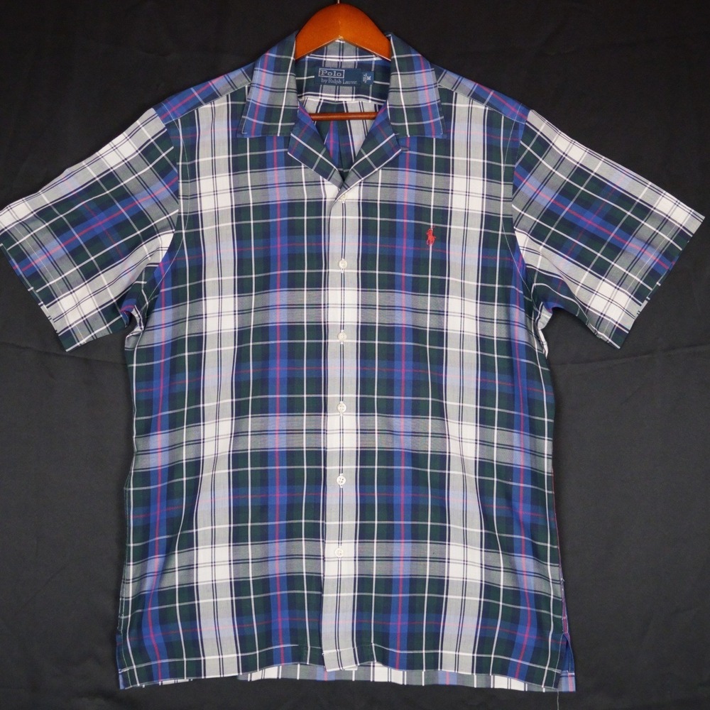 Polo Ralph Lauren Button Up Shirt Mens M Blue Plaid Camp Collar Short Slv Cotton